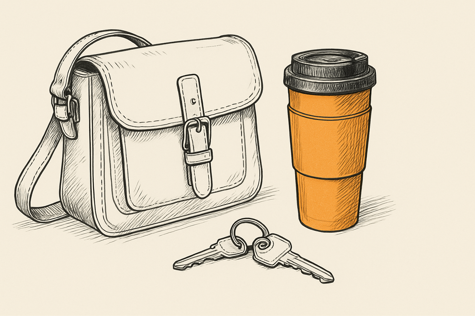 A satchel, keys and a travel cup.