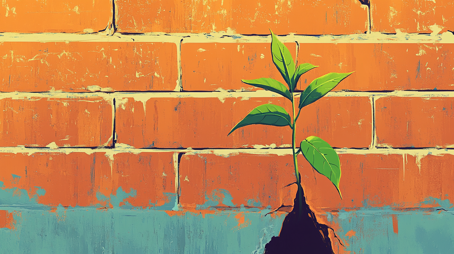 A new plant growing out of a crack in a wall.
