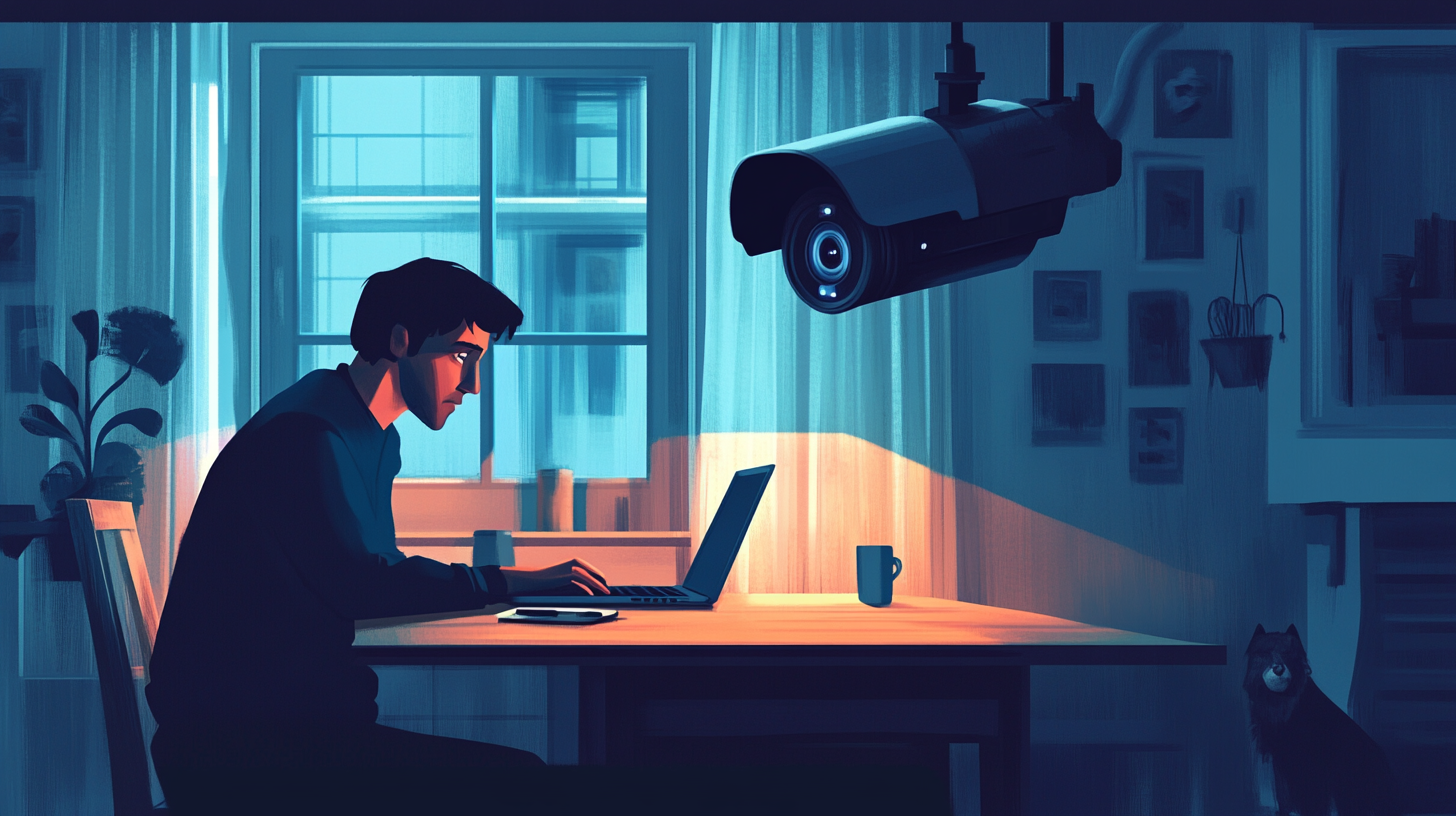 A man working on a laptop with a camera hovering over him.