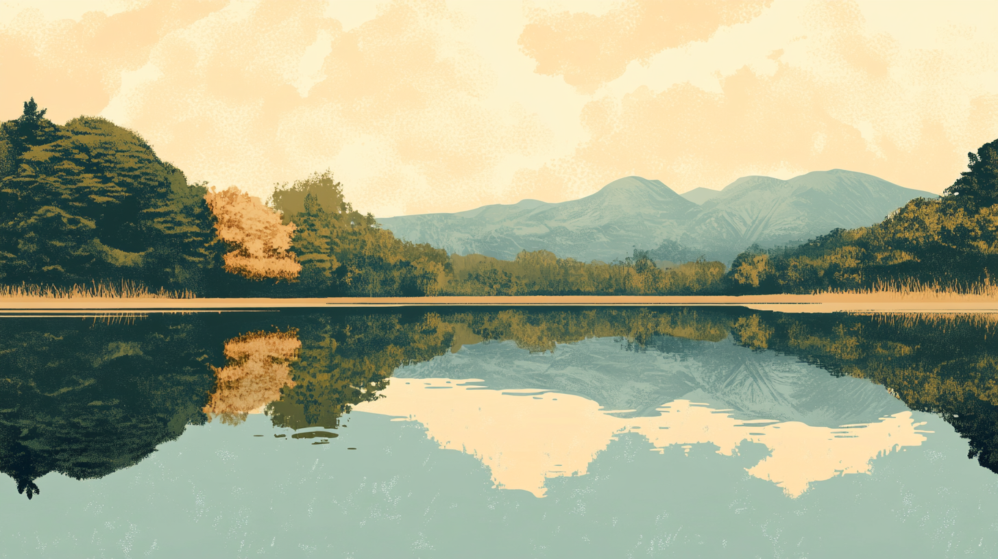 A landscape reflected in water.