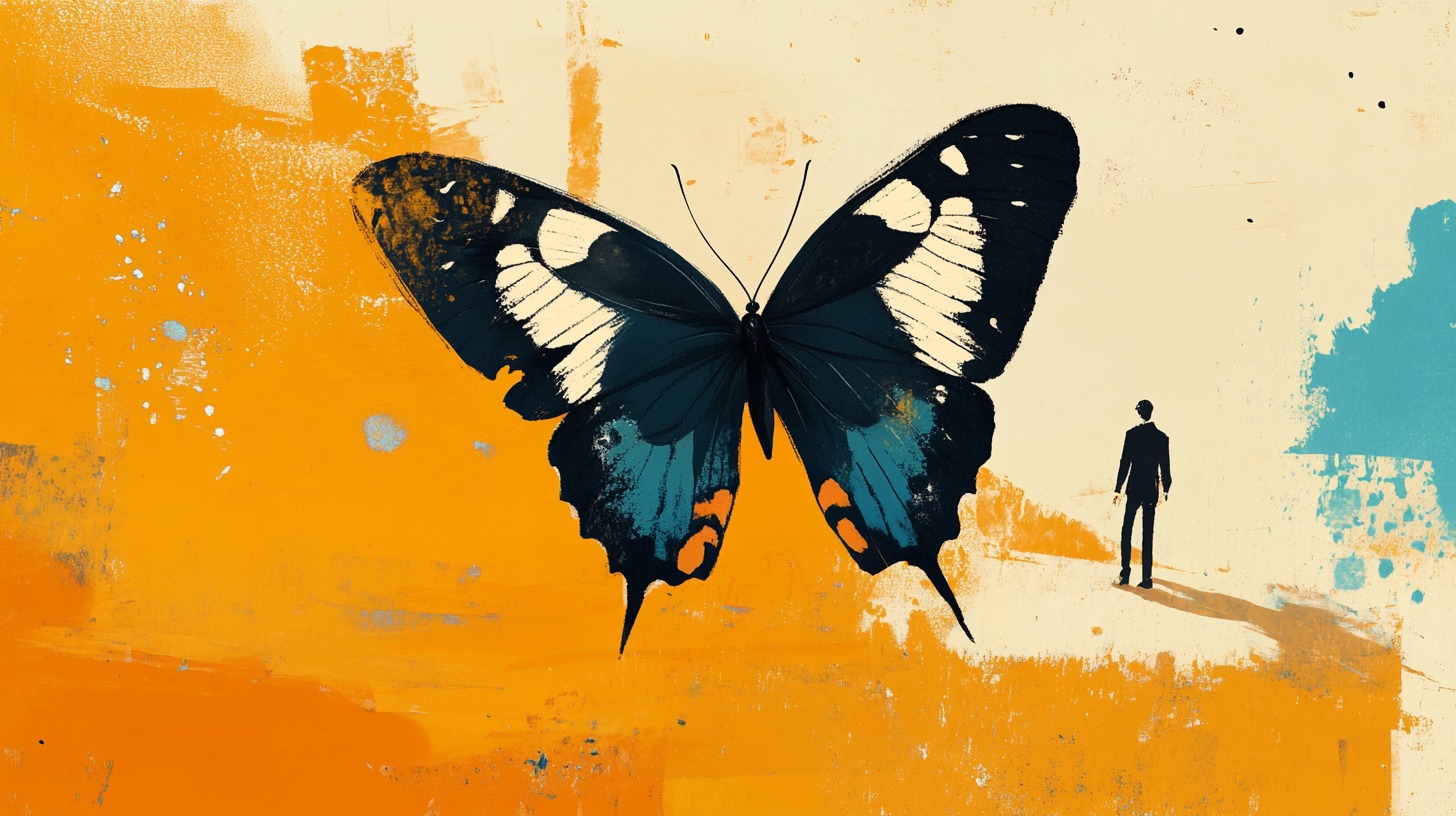 A butterfly with a person in the background.