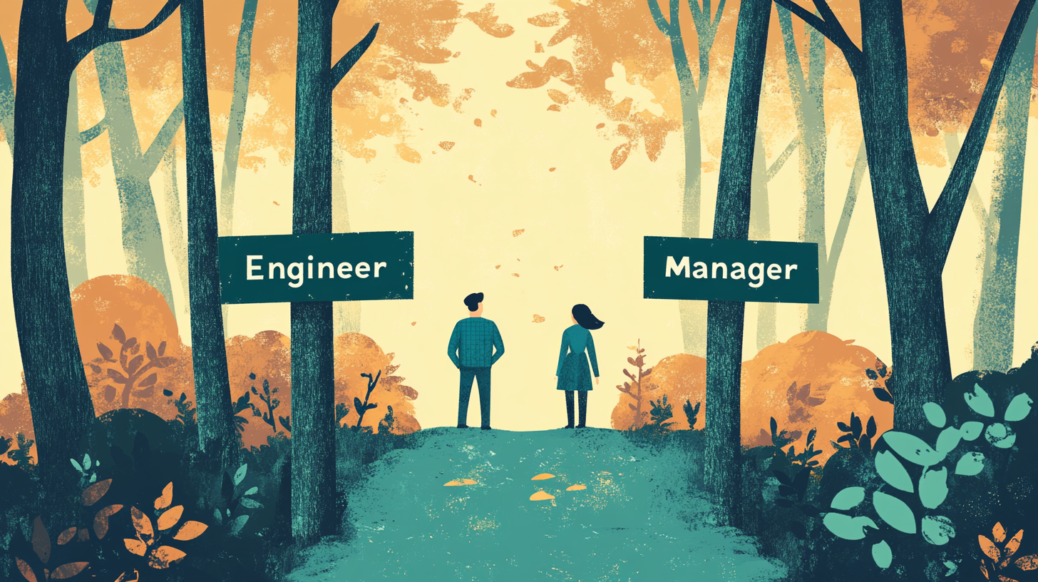Two people on a forest path. One side says "Engineer," the other "Manager."