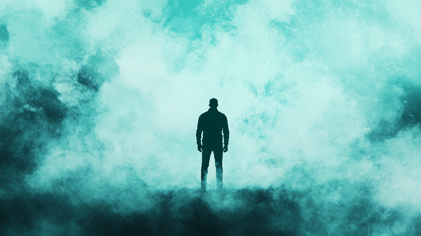A man standing alone in mist.