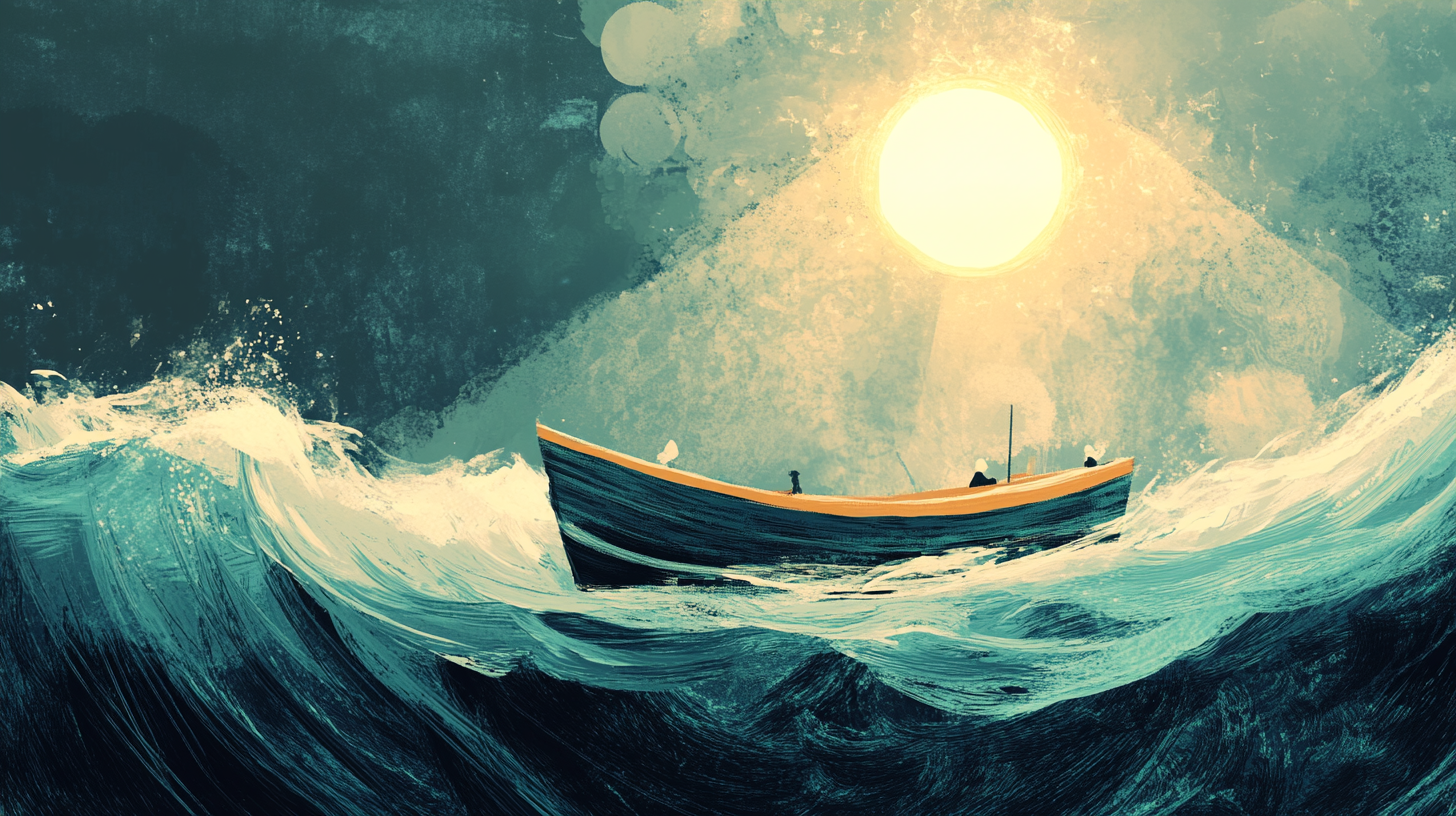 Sun shining on a boat in turbulent waters.