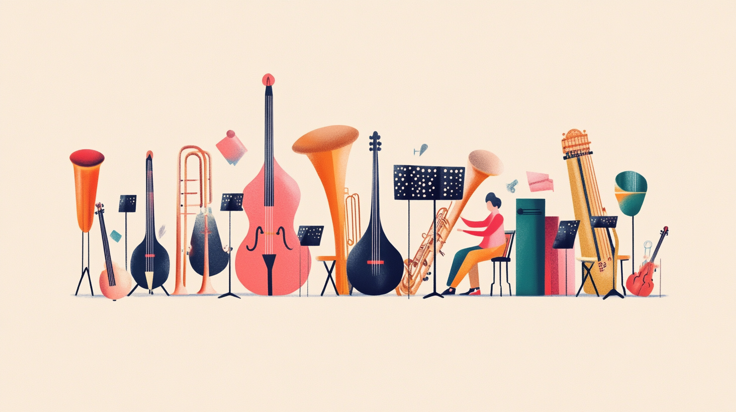 Different abstract orchestra instruments with one seater player.