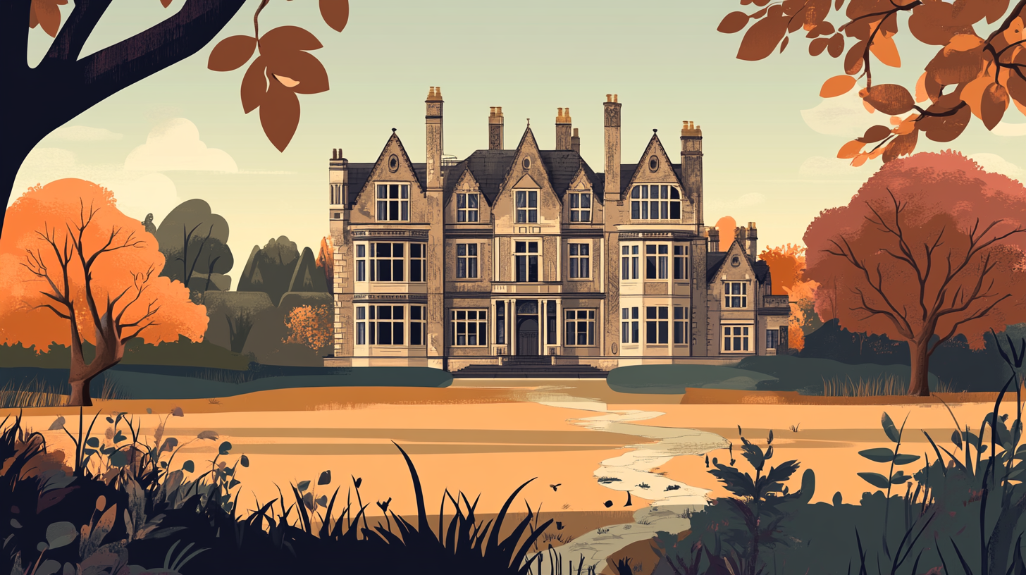 A stately home surrounded by trees and plants.
