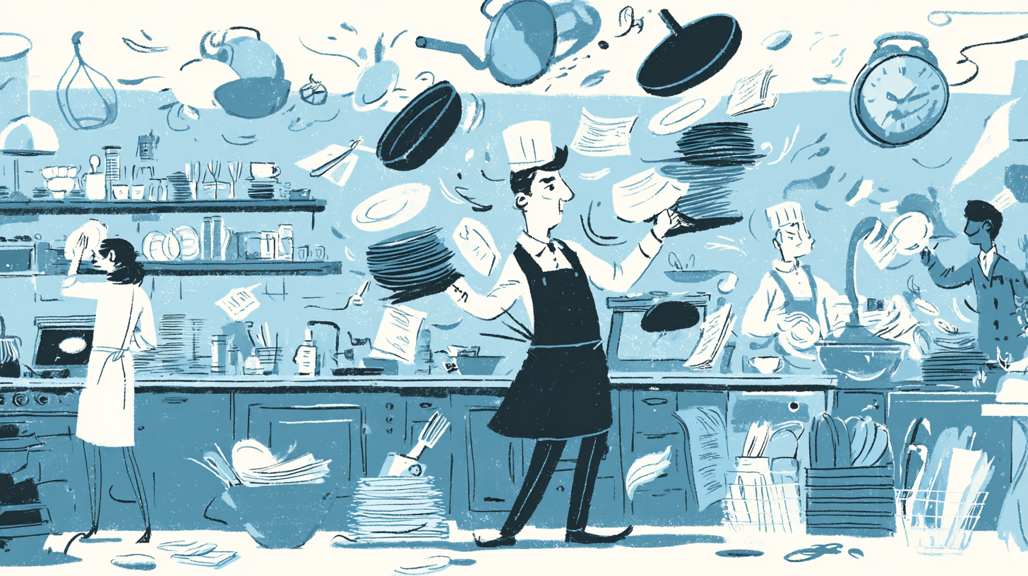 Illustration of a hectic restaurant kitchen with people juggling plates and other kitchen items.