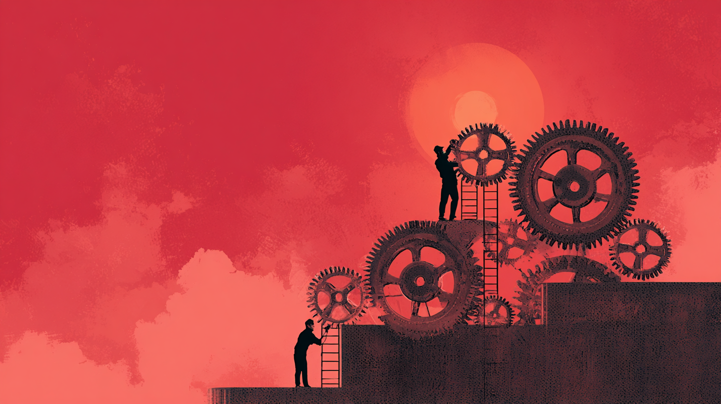 Two people working on large metal gears. 