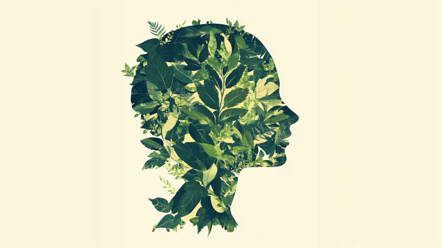 Image of a person's head made up of growing leaves and plants.
