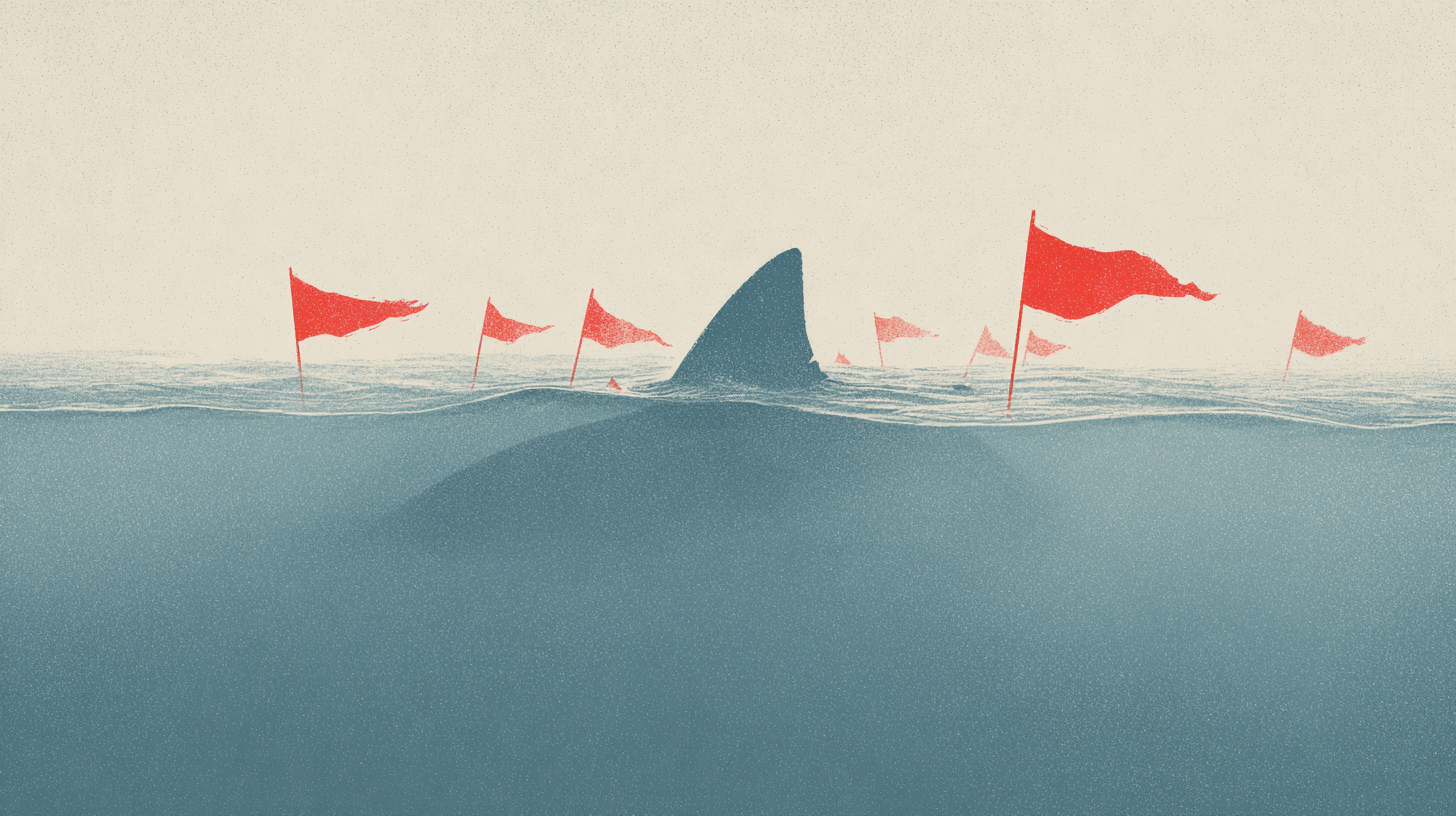 A shark swimming in water with red flags.