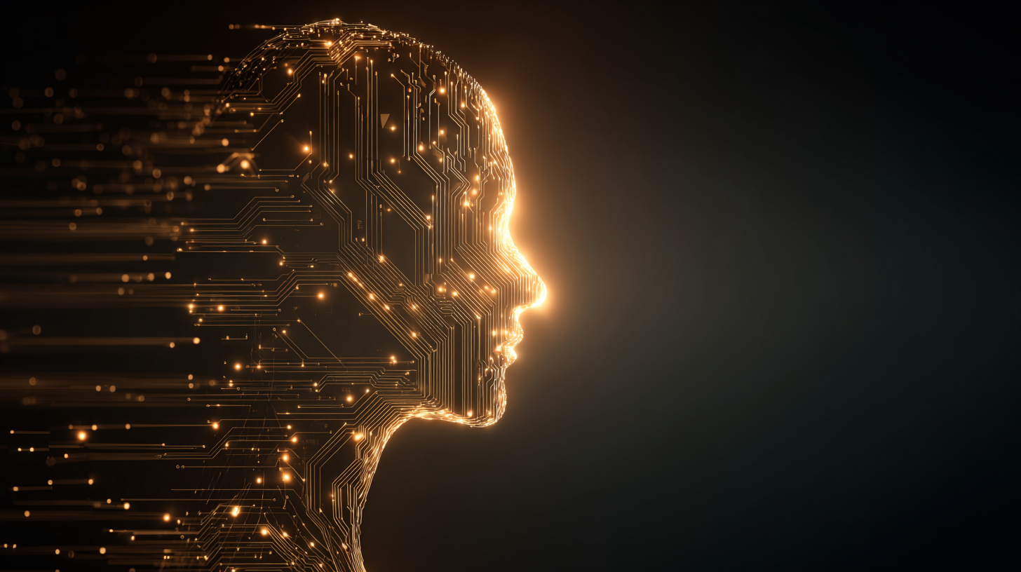 A human head made of glowing circuit lines.