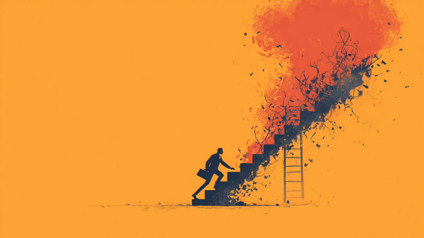 A person holding a briefcase climbing stairs that are on fire.