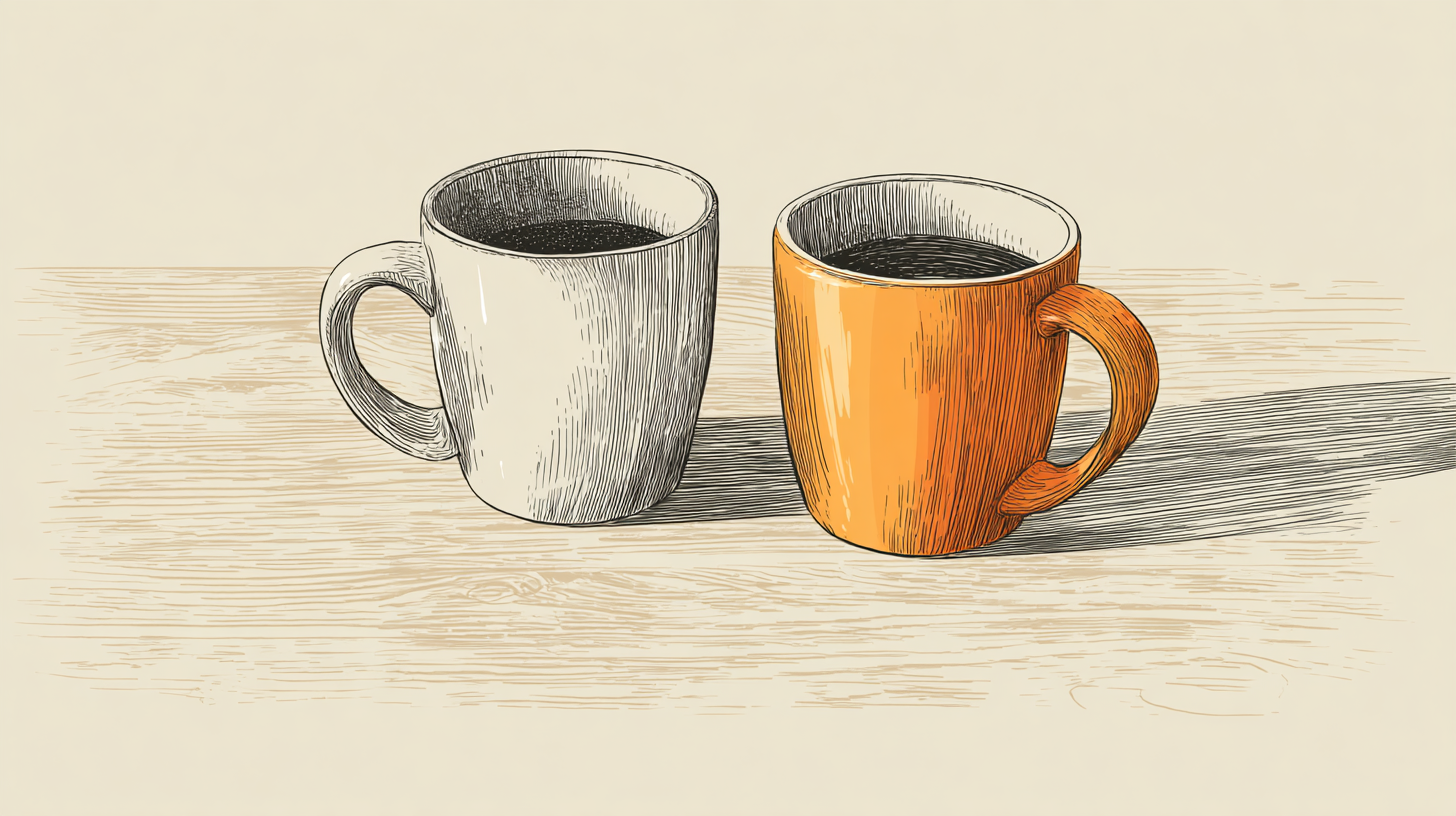 Two coffee mugs, one white, one orange.