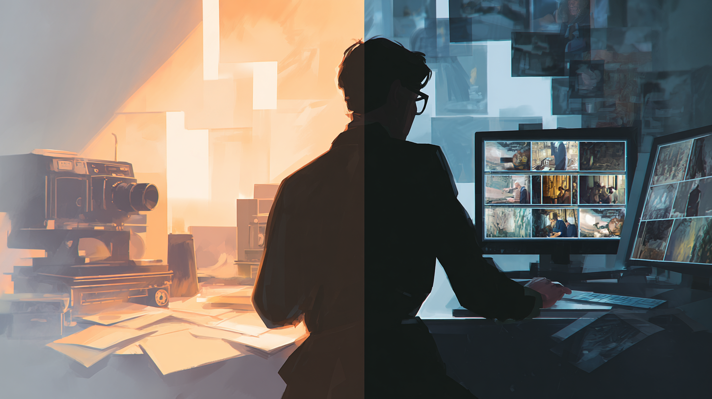Split screen of person working at a desk, the left is an old camera, the right is a computer monitor.