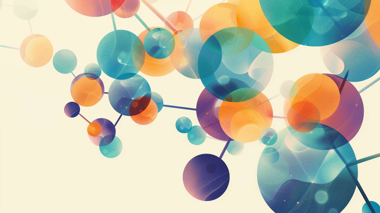 Interconnected colorful modular shapes and nodes.