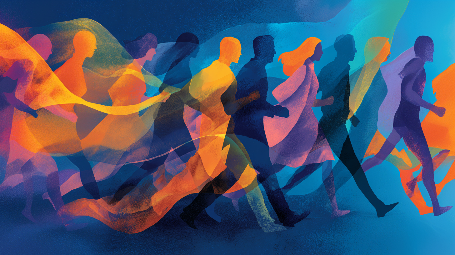 Multiple people walking forward.