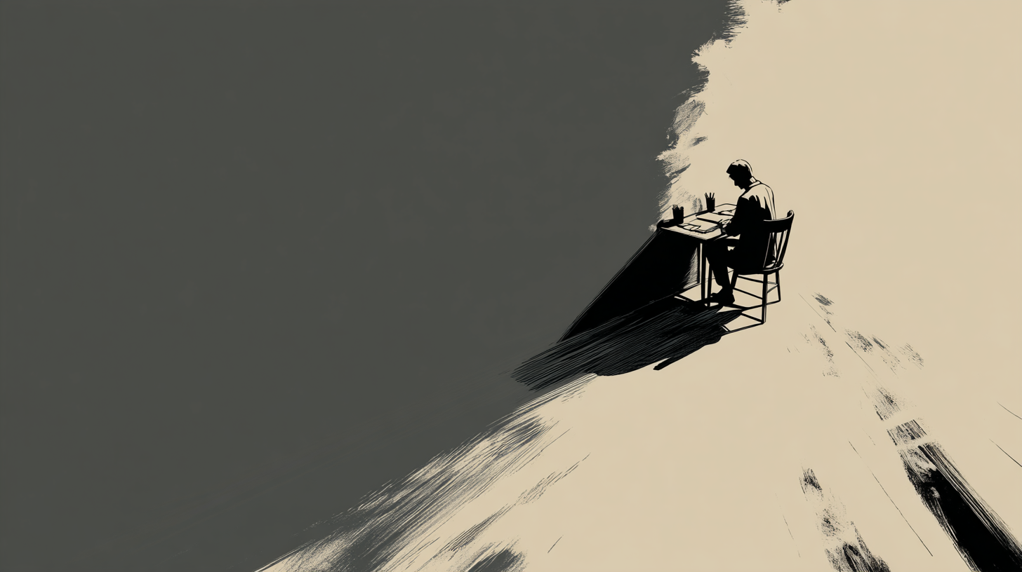 Greyscale image of a man sitting at a desk with blurred surroundings.