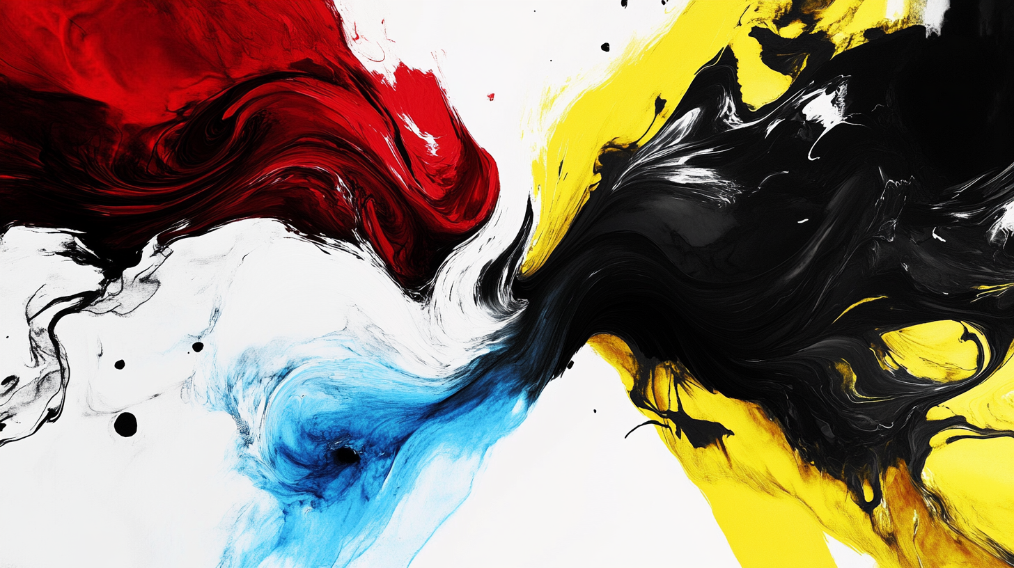 Abstract image of red, blue, black and white paint colors mixing.