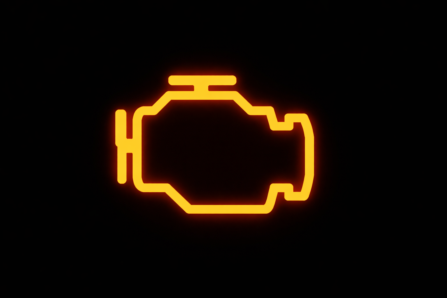 Illuminated check engine light on black background.
