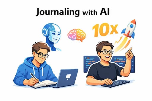 "Journaling with AI" Split screen ima. Left: a man with book and laptop. Right: a man smiling with "10x" and rocket above. 