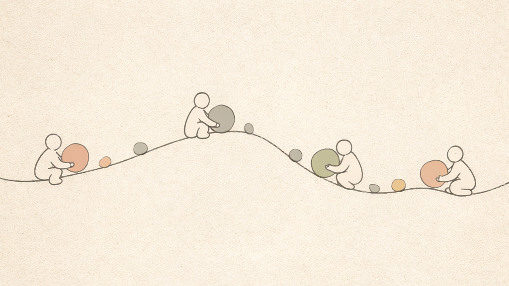 Line figures sitting on a line holding colored circles.