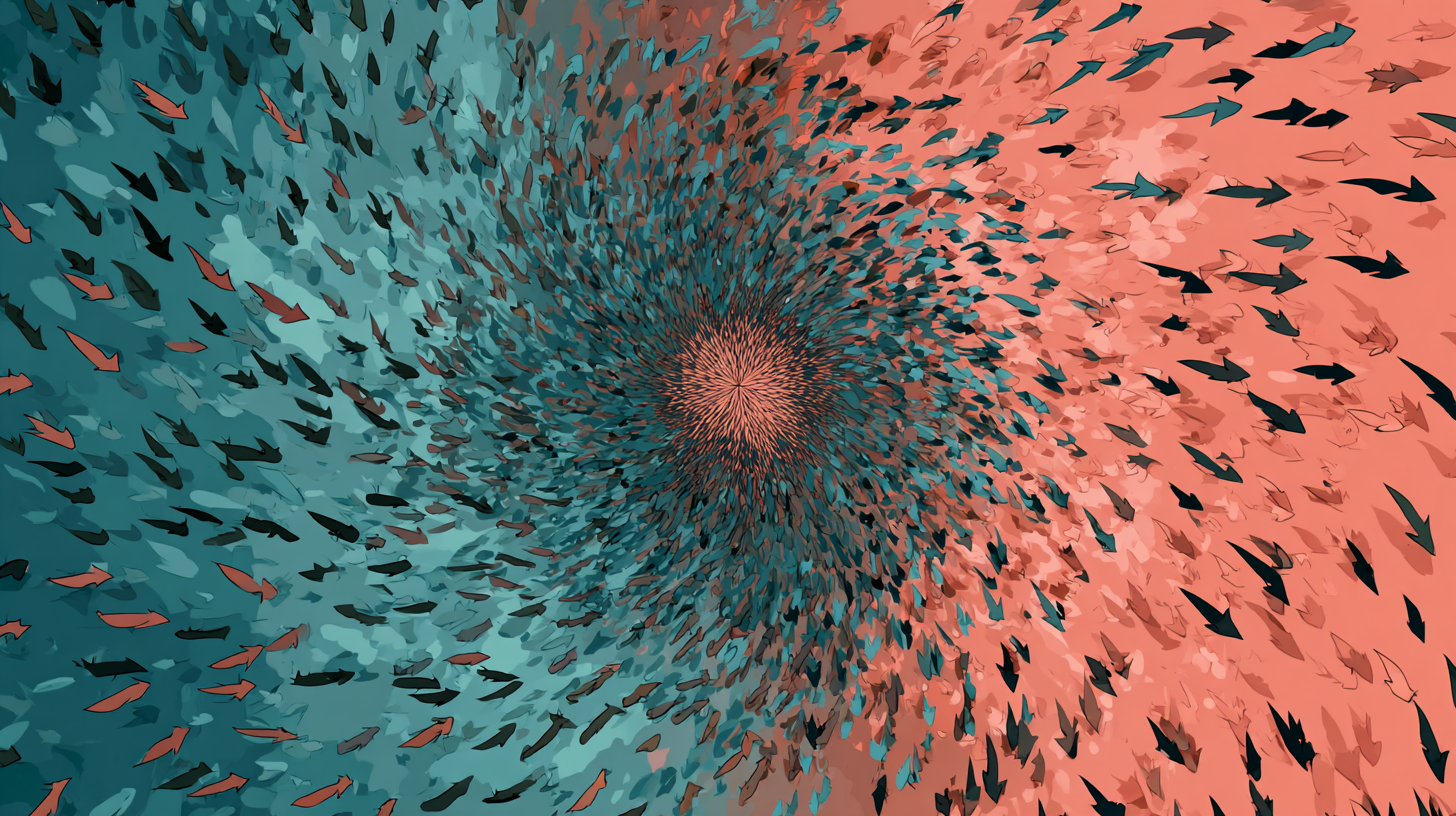 A swirl of arrows going in different directions. Green and pink colors.