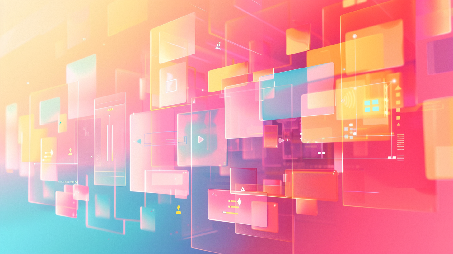 Squares, icons, and abstract shapes in pastel background