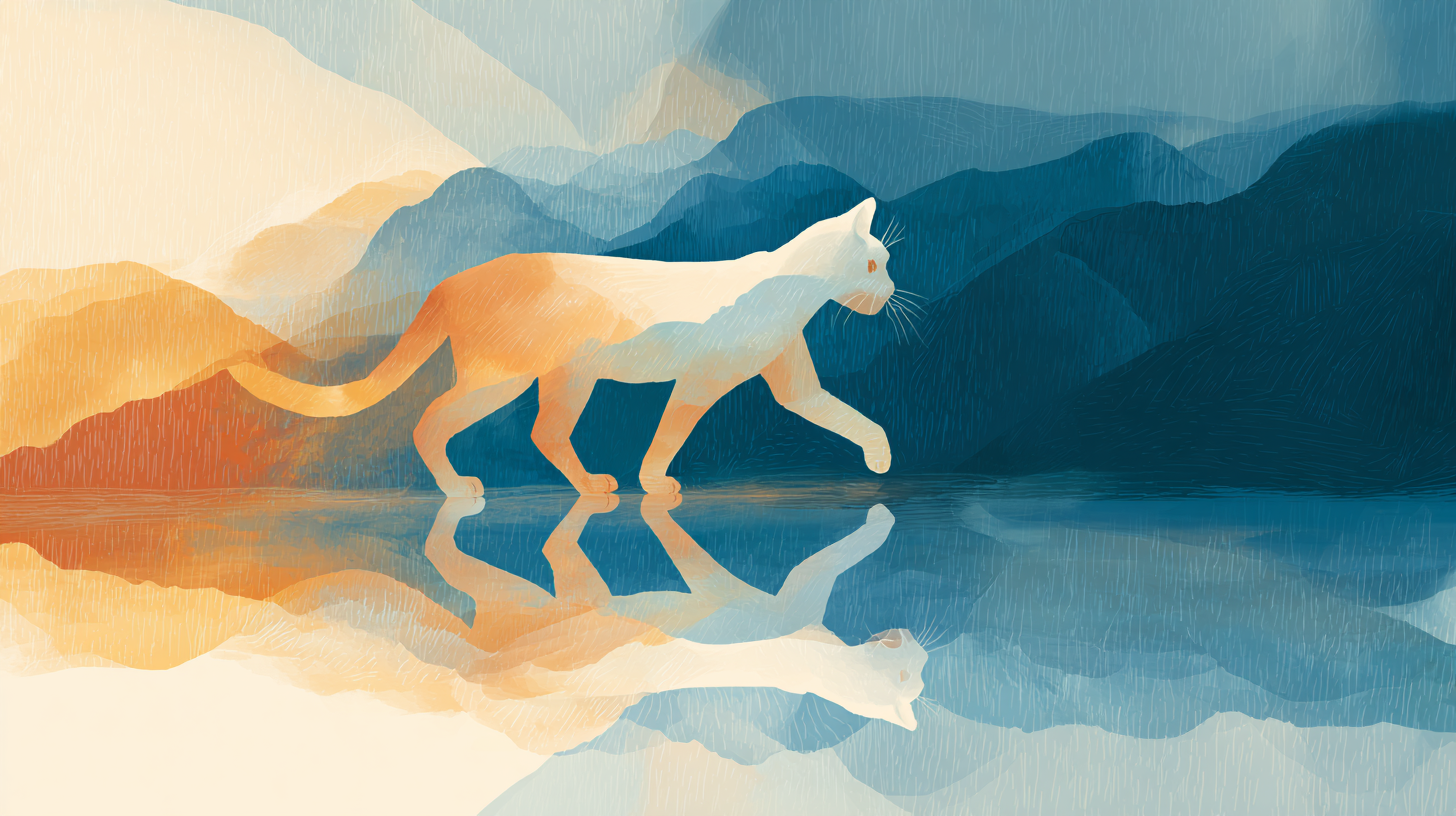 A white cat walking across a colorful background.