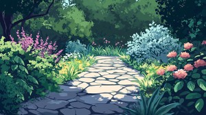 A stone path in a beautiful garden.
