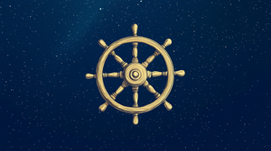 A ship's wheel on a starry background.